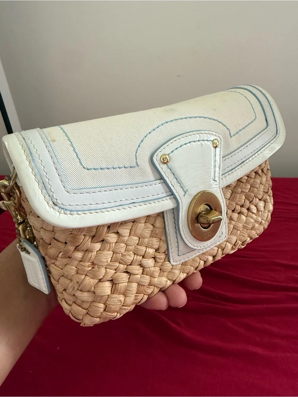 Coach Natural Straw and White Leather Turnlock Crossbody